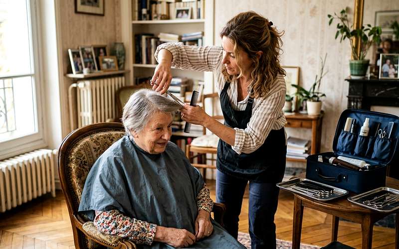 Coiffeur à domicile réalisant une coupe de cheveux au domicile d'une cliente âgée