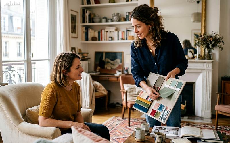 Décorateur d'intérieur : une décoratrice présente une planche d'échantillons de tissus et de couleurs à une cliente dans un salon