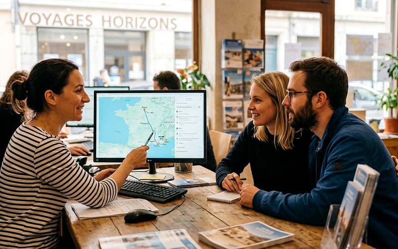 Agent de voyage montrant un itin&eacute;raire sur un &eacute;cran &agrave; un couple de clients au comptoir d'une agence