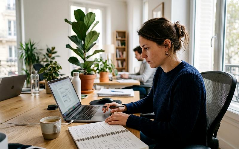 Charg&eacute;e de communication pr&eacute;parant un support de communication sur son ordinateur dans un bureau