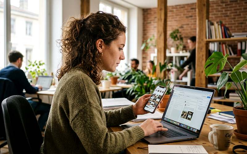 Community manager animant les r&eacute;seaux sociaux d'une marque sur son ordinateur dans un bureau