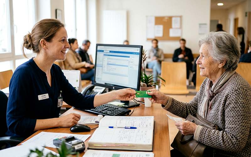 Secr&eacute;taire m&eacute;dico-sociale accueillant une patiente &acirc;g&eacute;e &agrave; la banque d'accueil d'un centre m&eacute;dical, dossier et &eacute;cran devant elle
