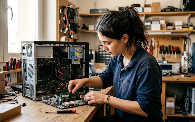 Technicien de maintenance informatique testant une carte mère sur un poste ouvert dans un atelier