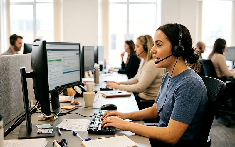 Téléconseiller avec un casque audio au téléphone devant un écran dans un centre de relation client