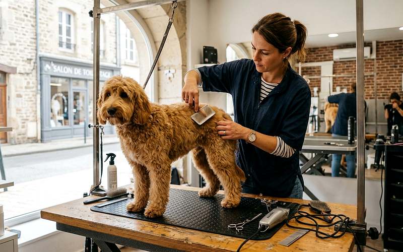 Toiletteur canin brossant un chien sur une table de toilettage dans un salon