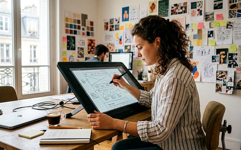 Web designer concevant la maquette graphique d'un site web sur un &eacute;cran dans un studio