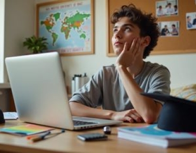 Lycée réflechissant à son bureau