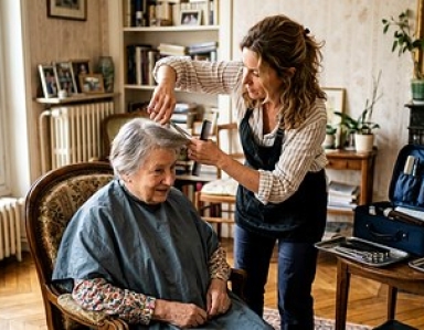 Coiffeur à domicile réalisant une coupe de cheveux au domicile d'une cliente âgée